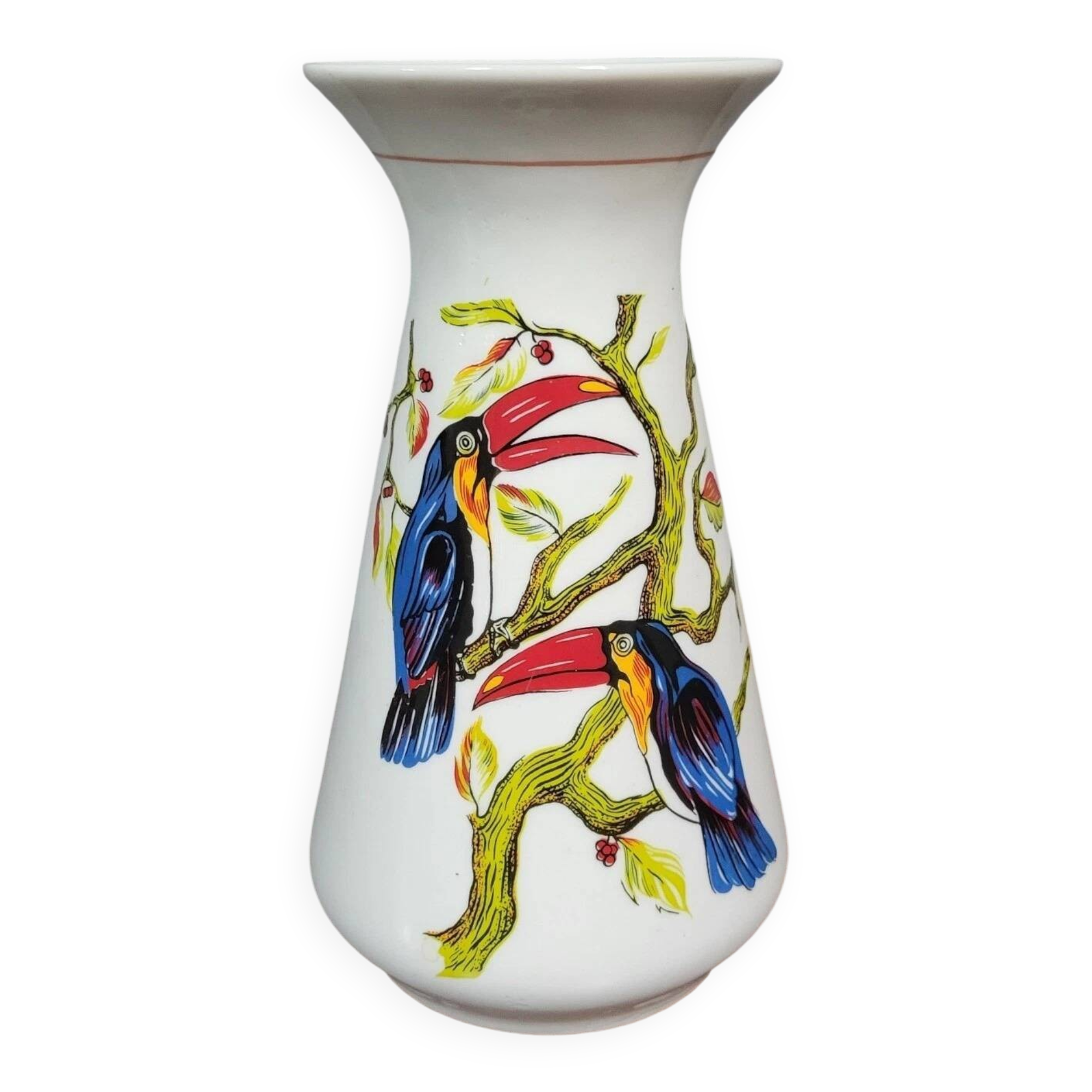 Finely hand-painted porcelain vase with toucans, circa 1950