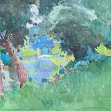 Painting "Bord de l'Ouche" (Côte d'Or) signed by Auguste Drouot Watercolor