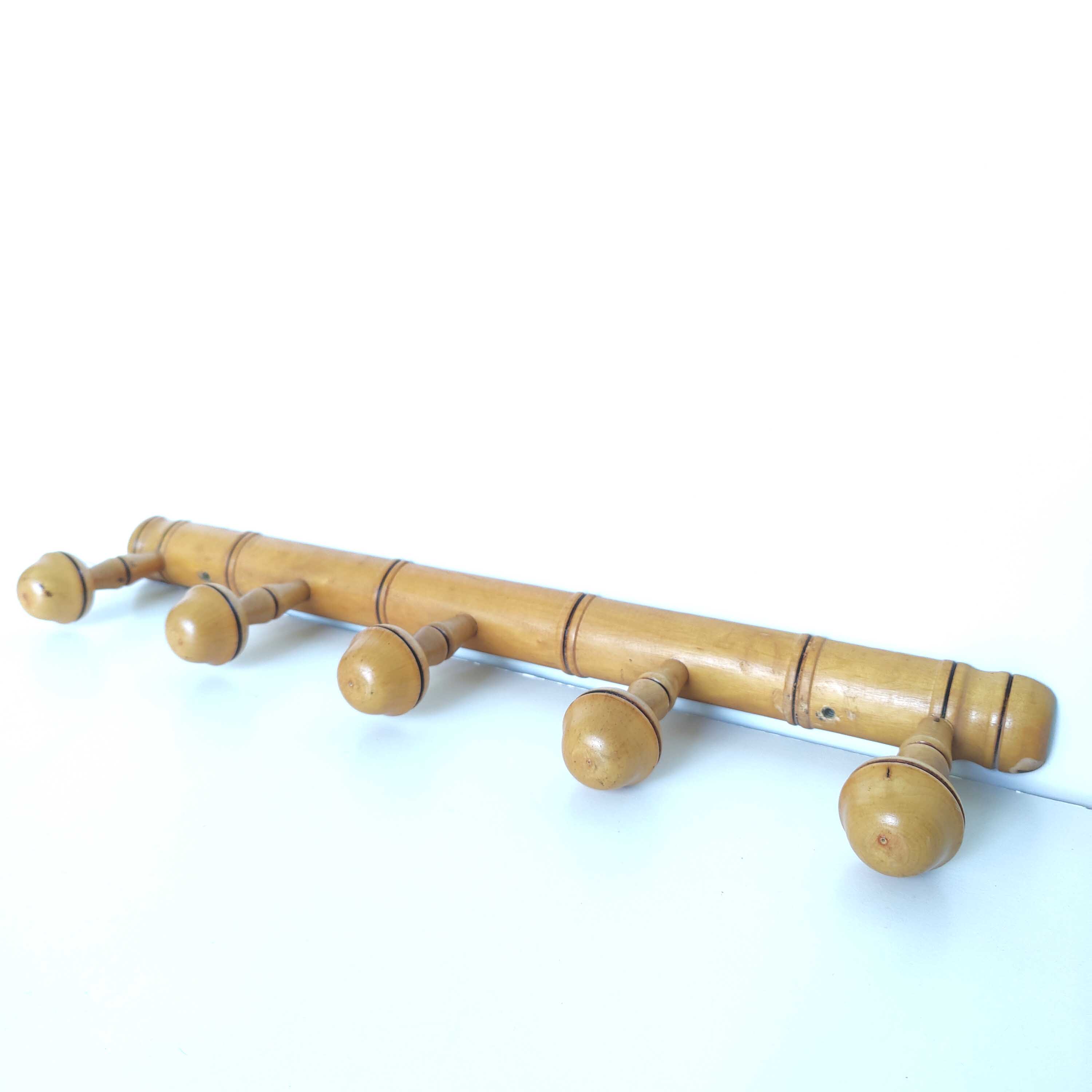 Bamboo style wooden coat rack 5 hooks