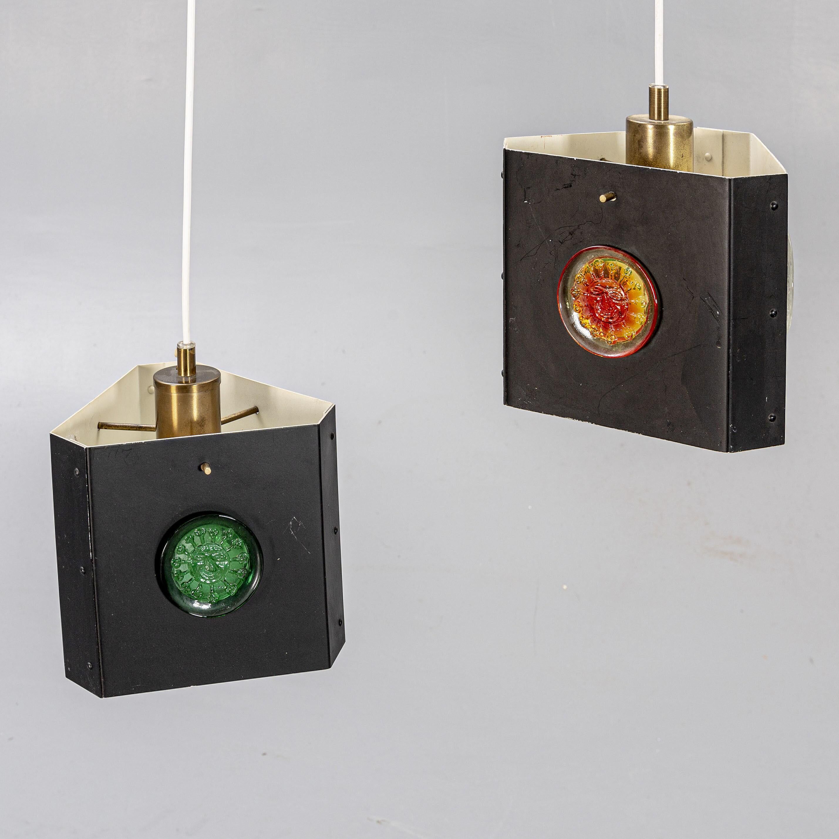 Pair of triangular pendant lamps by Hans Bergstrom, Sweden, 1950.
