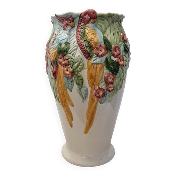 Vase en majolique portugais avec perroquets, années 1960/70.