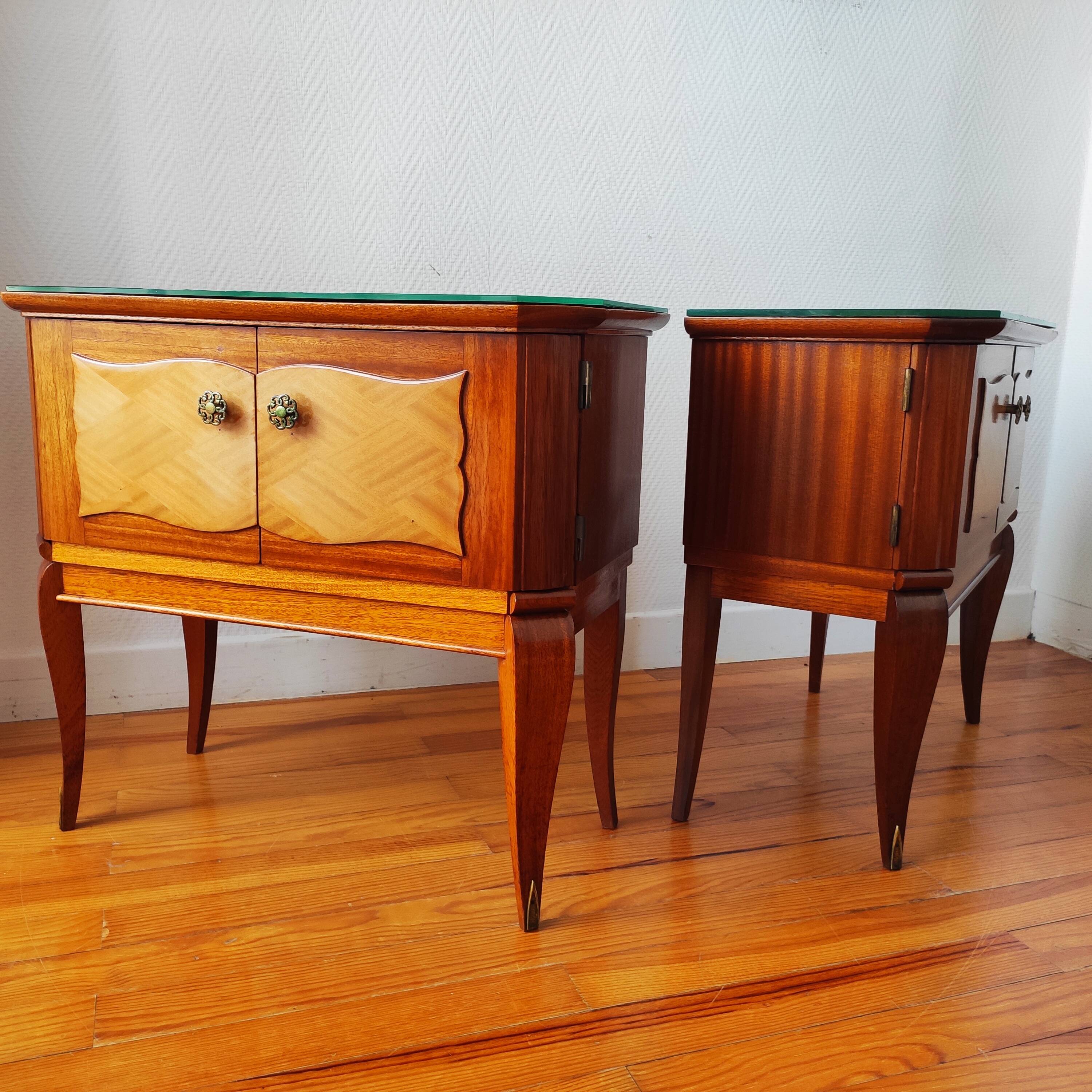 Pair of Art Deco bedside tables, mirrored top.