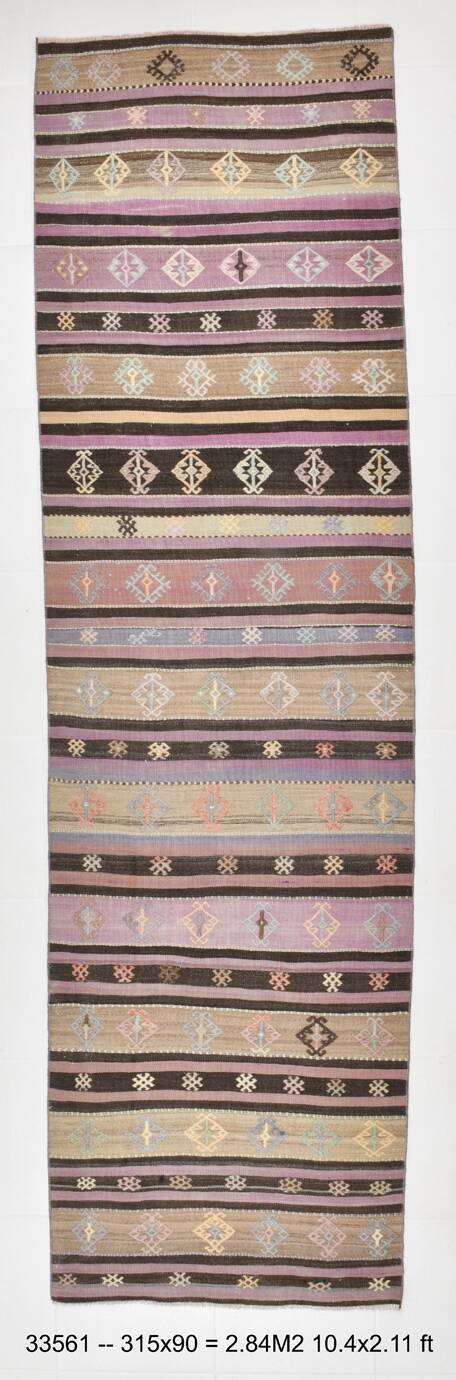 3x10 Purple & Green Modern Kilim Runner Rug, 90x315Cm