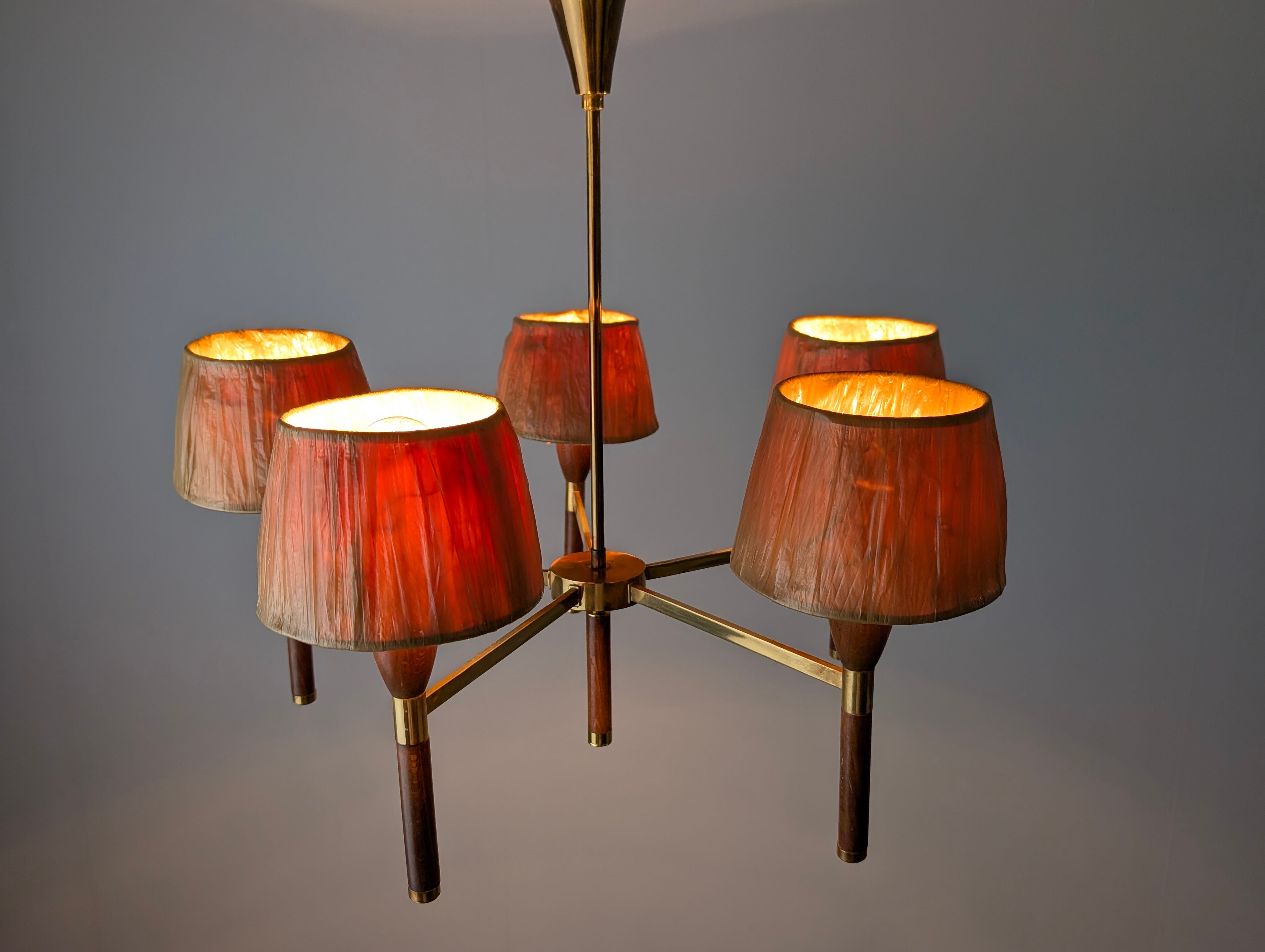 Danish five-arm lamp in wood and brass, 1950s