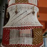 Large vintage macramé pendant lamp in cotton thread and wool, 120 cm.