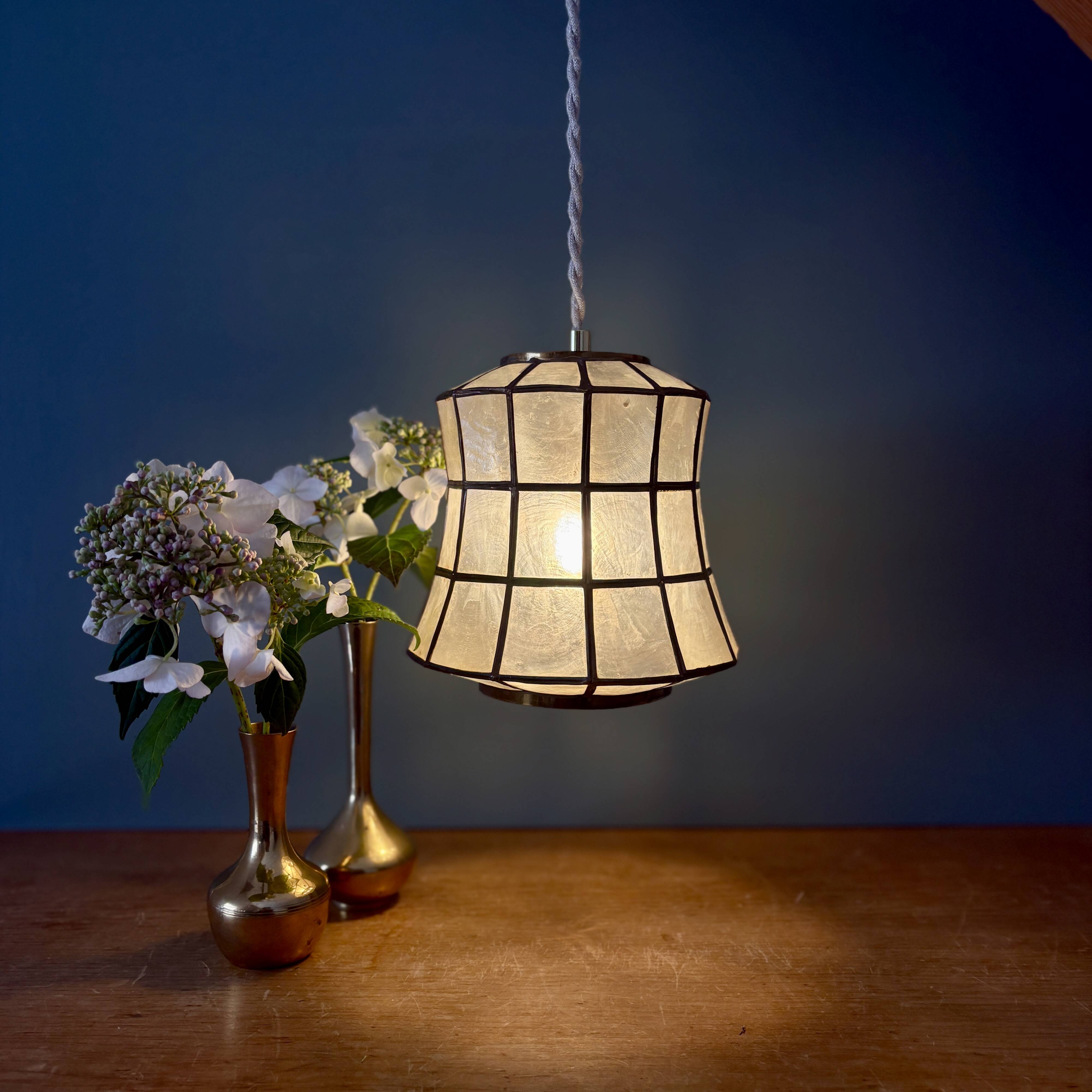 Vintage mother-of-pearl and brass lampshade pendant light