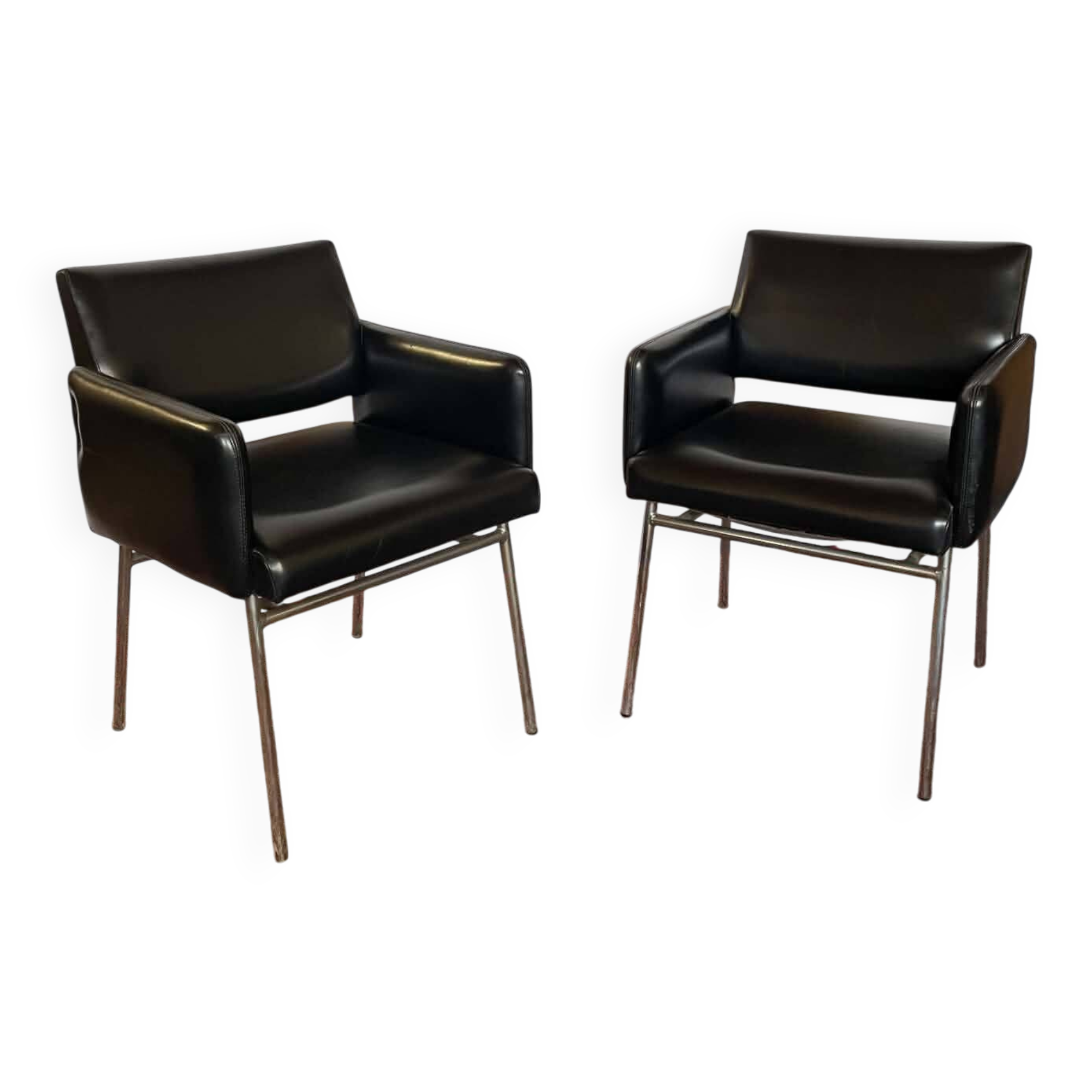 Pair of vintage armchairs in black faux leather and chrome metal.