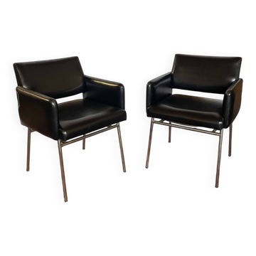 Pair of vintage armchairs in black faux leather and chrome metal.