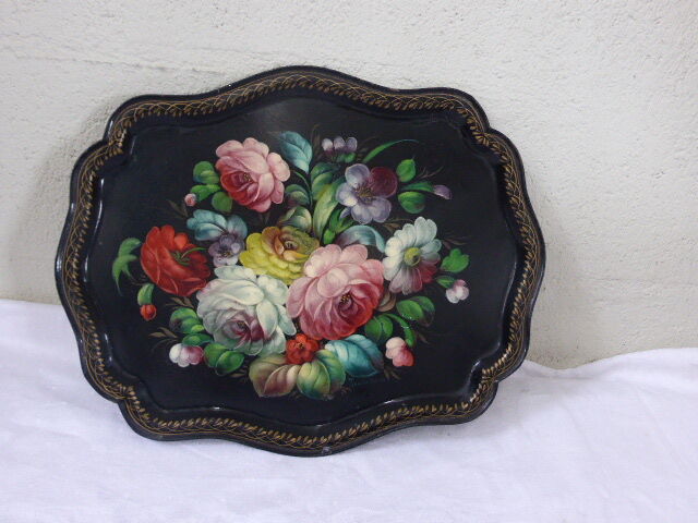 Bohemian and folk this metal tray painted with multicoloured flowers painted hand, russian vintage