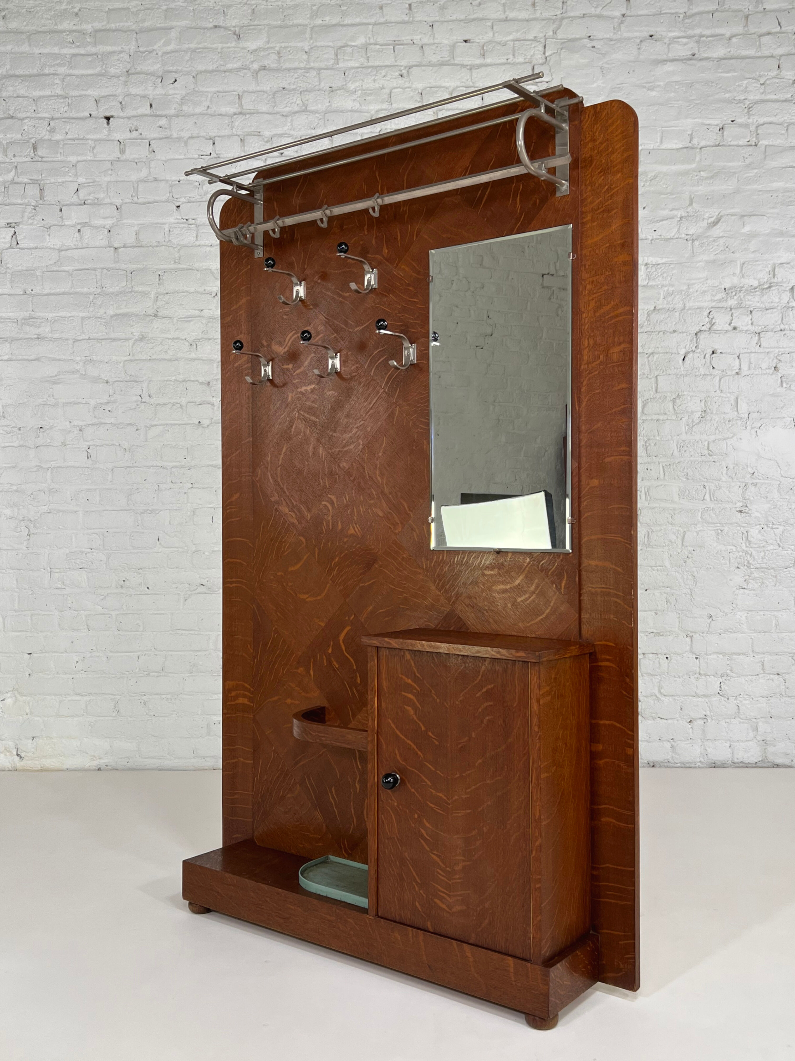 Porte-manteau vestiaire d'entrée Art Deco en bois, métal et miroir