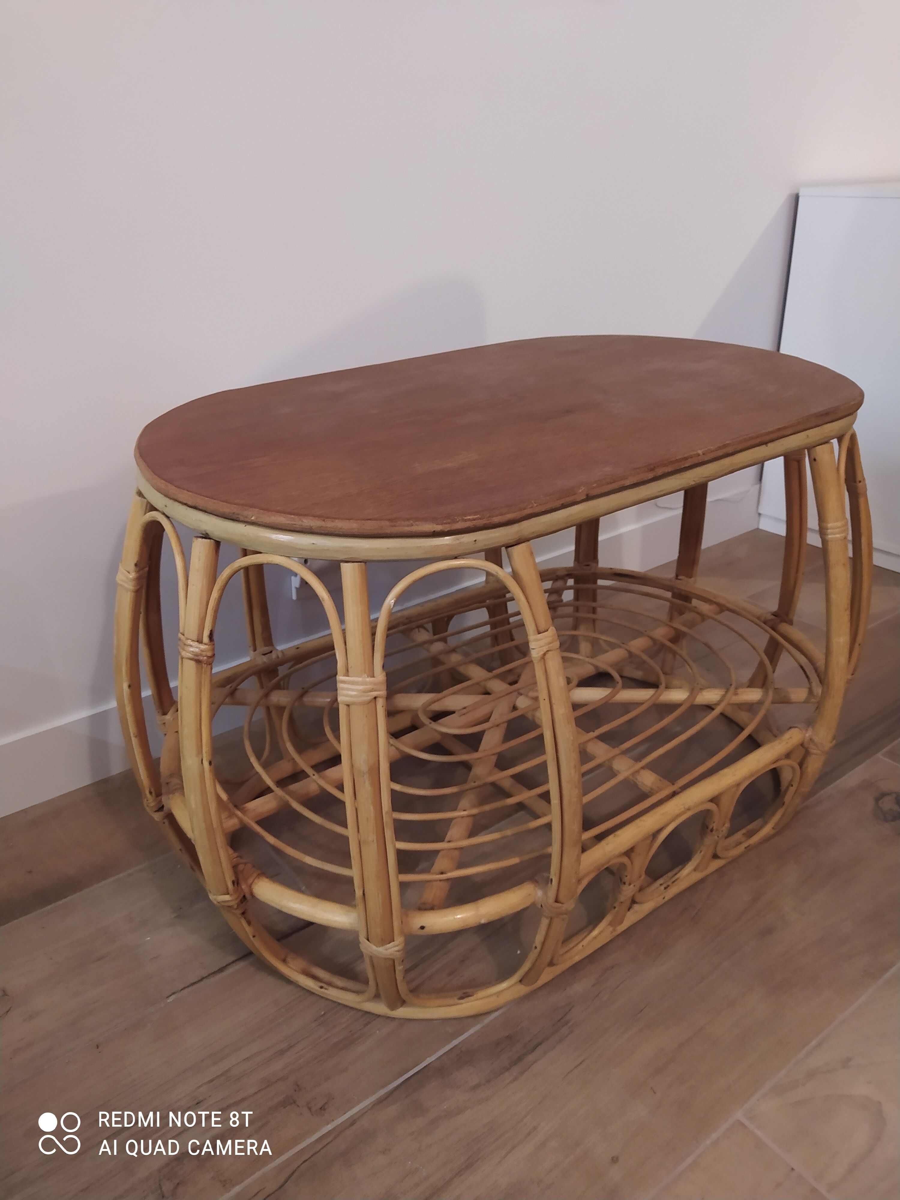 Vintage rattan wicker oval coffee table