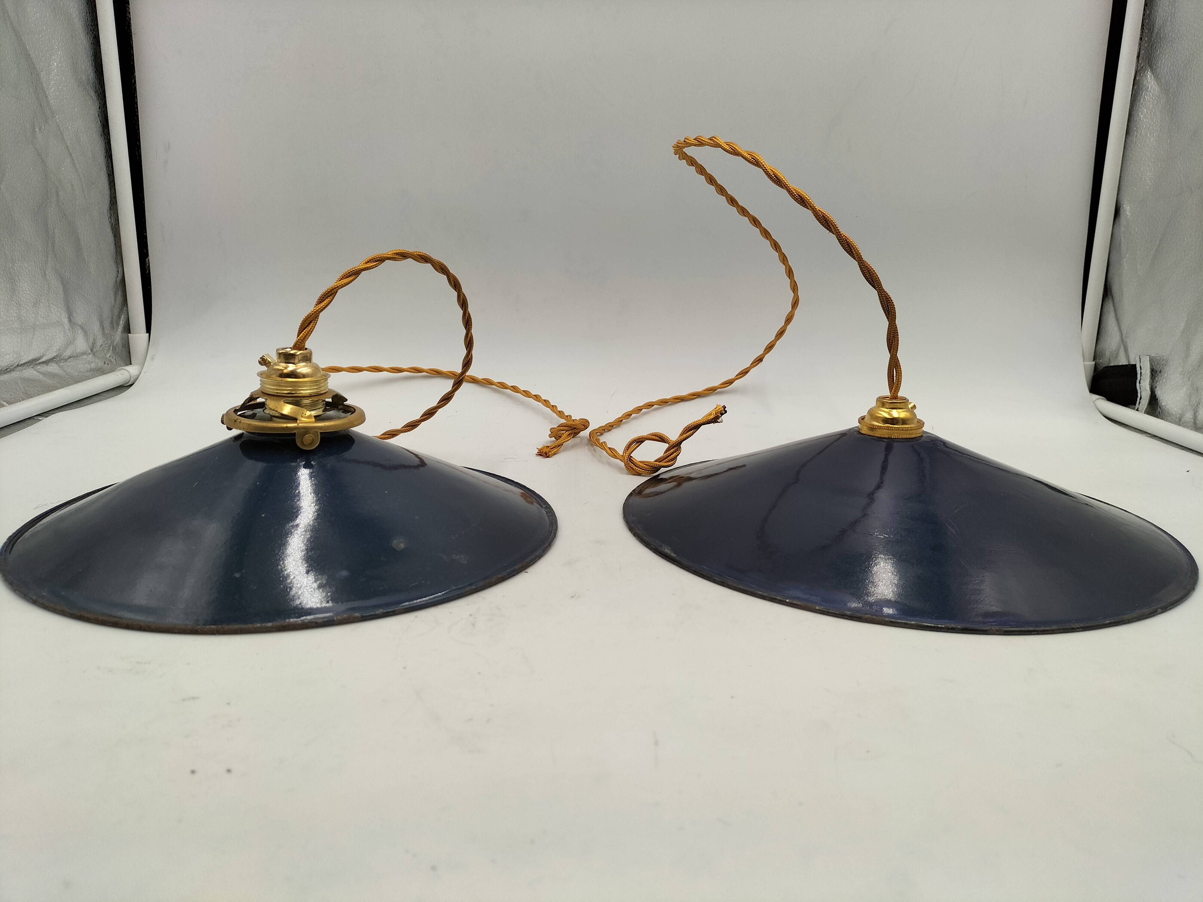 Blue enameled sheet metal pendant lights