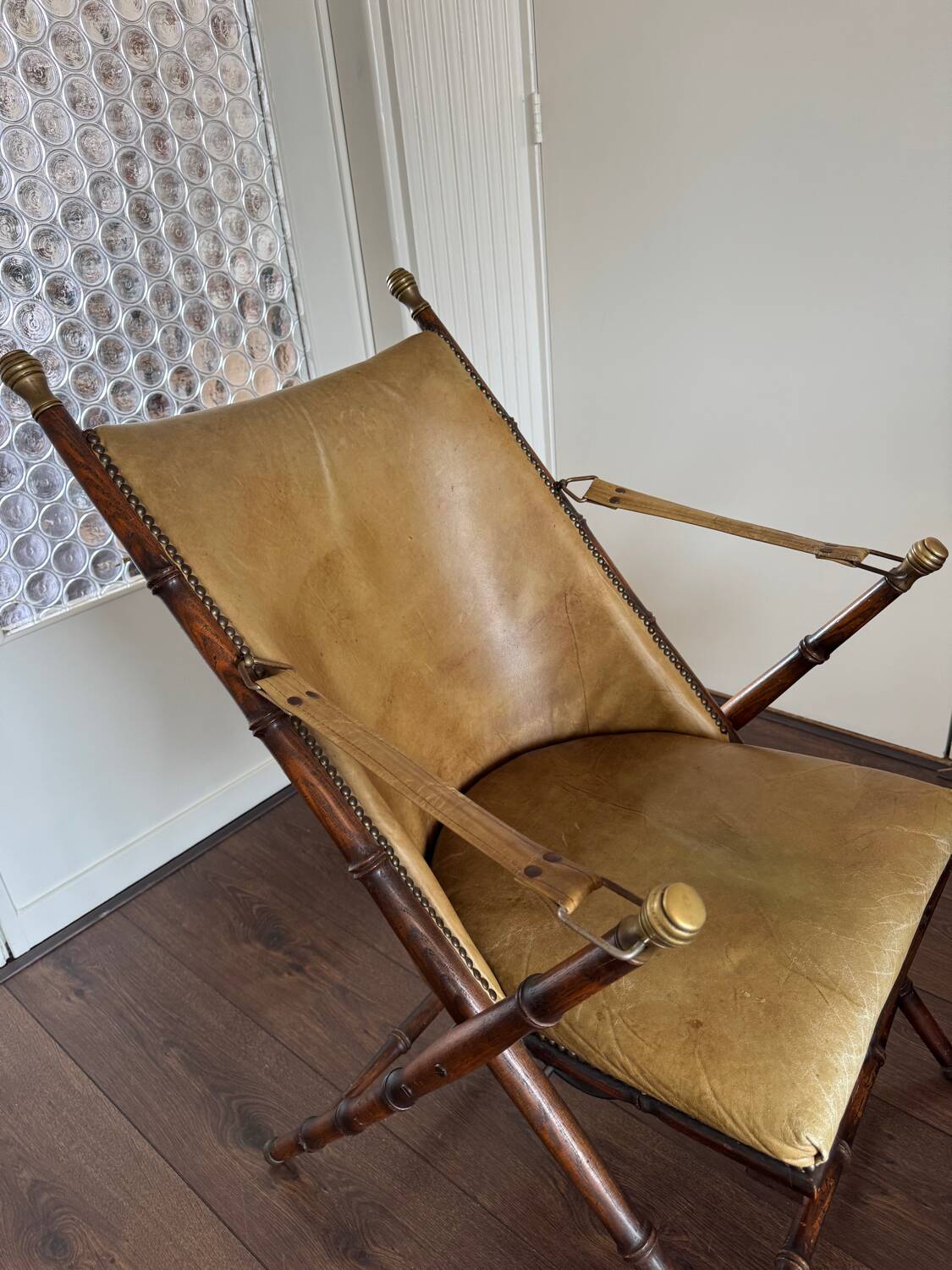 Vintage Faux bamboo, leather campaign folding chair by Maison Jansen, 1950s