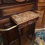 Solid walnut vestibule coat rack with oval mirror and bronze hooks