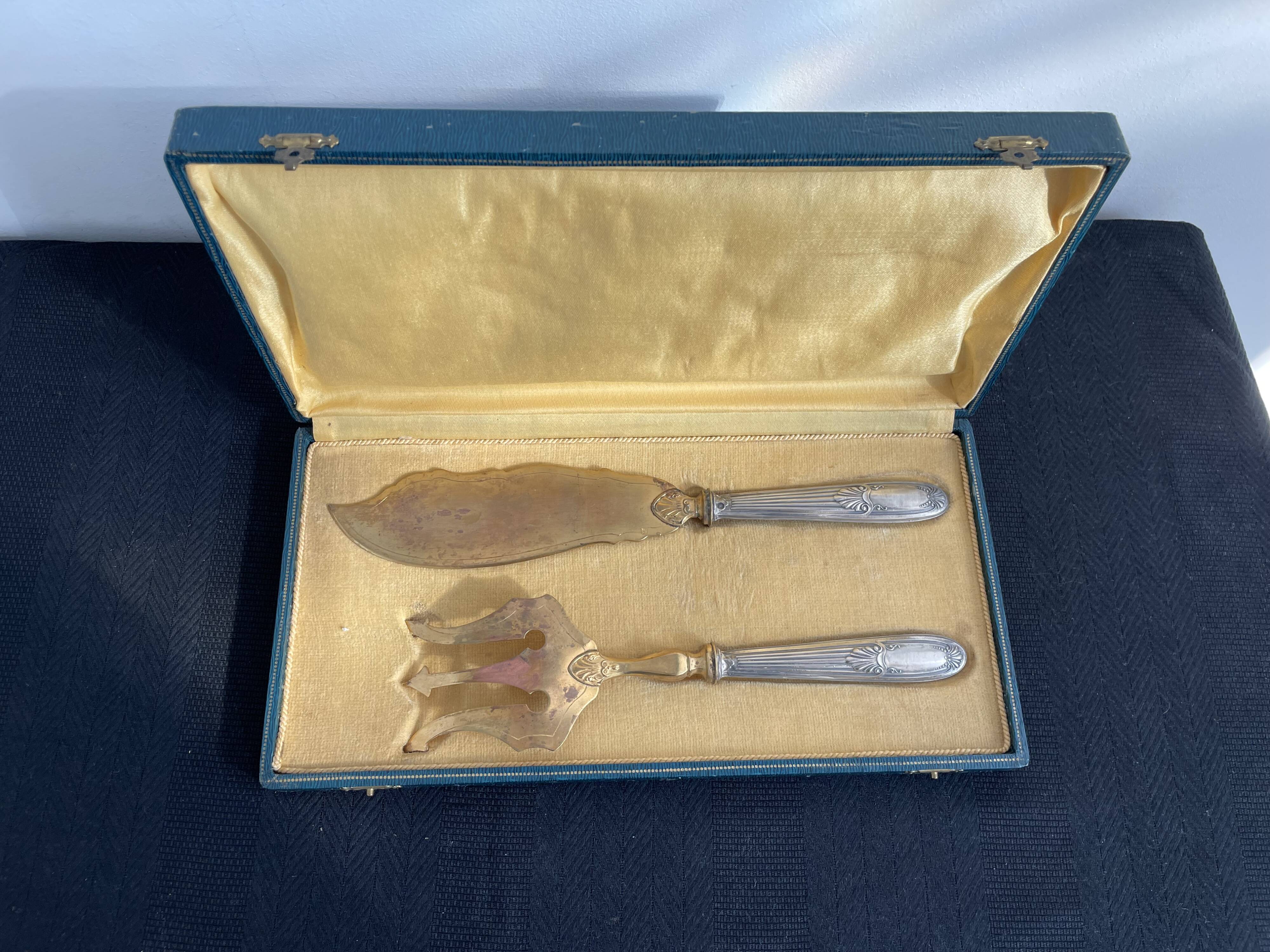 Antique, fish service cover, stuffed silver, gilded metal, France