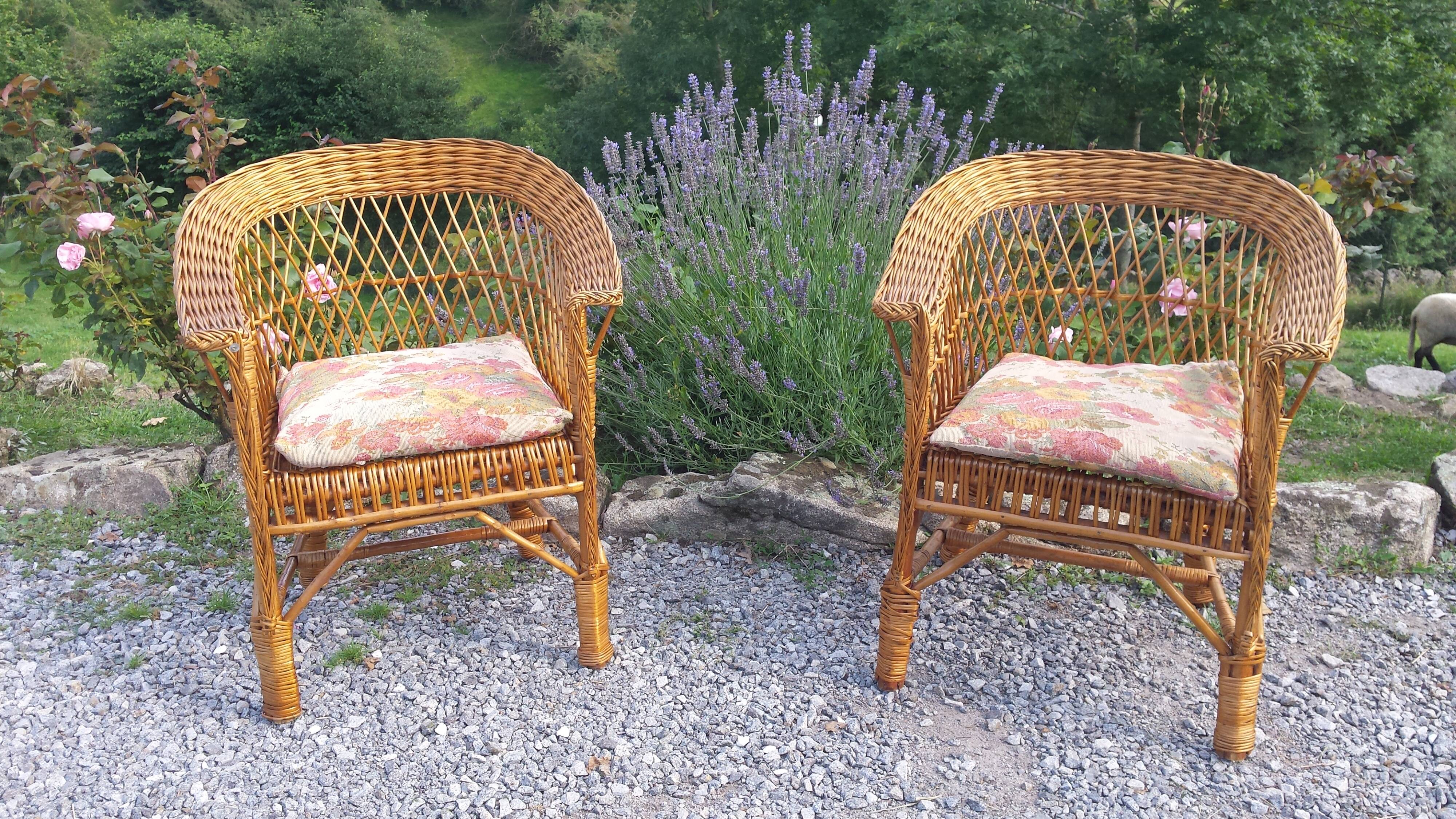 Wicker or rattan armchairs