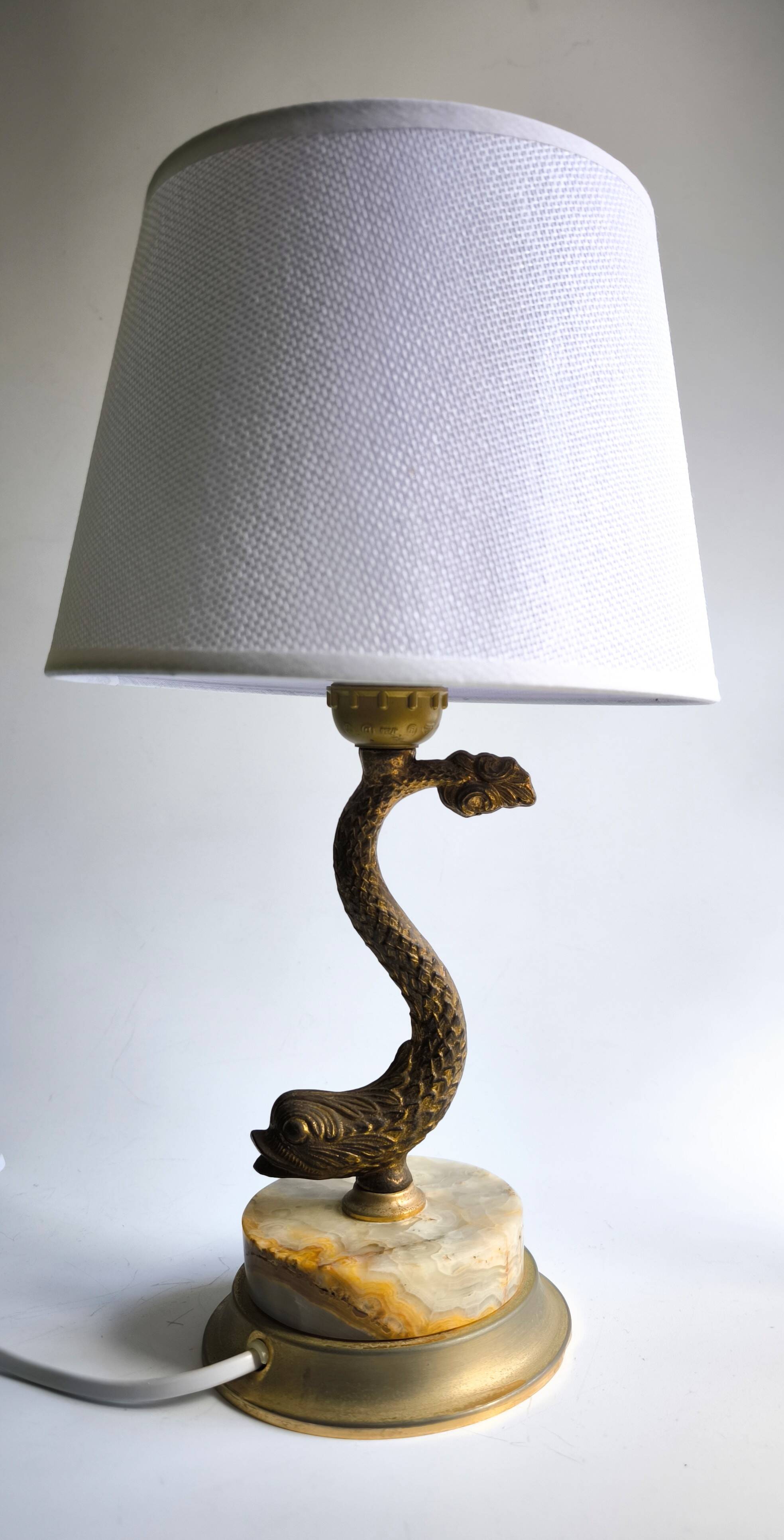 Patinated bronze lamp and marble in Hollywood Regency Style