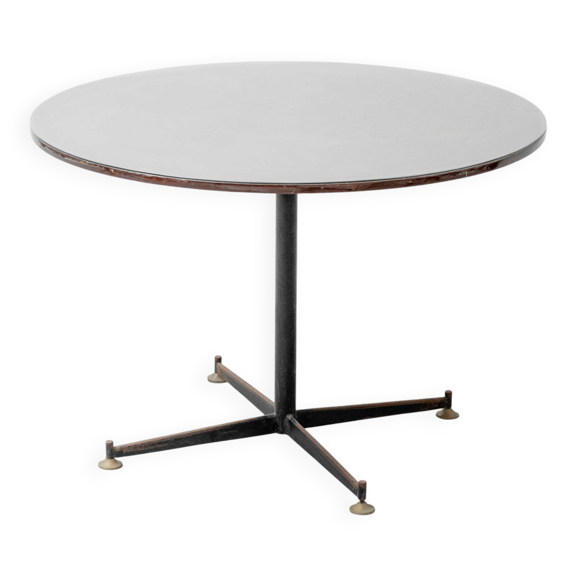 Vintage round table in wood and glass with metal base, 1970s modernist