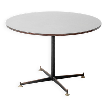 Vintage round table in wood and glass with metal base, 1970s modernist