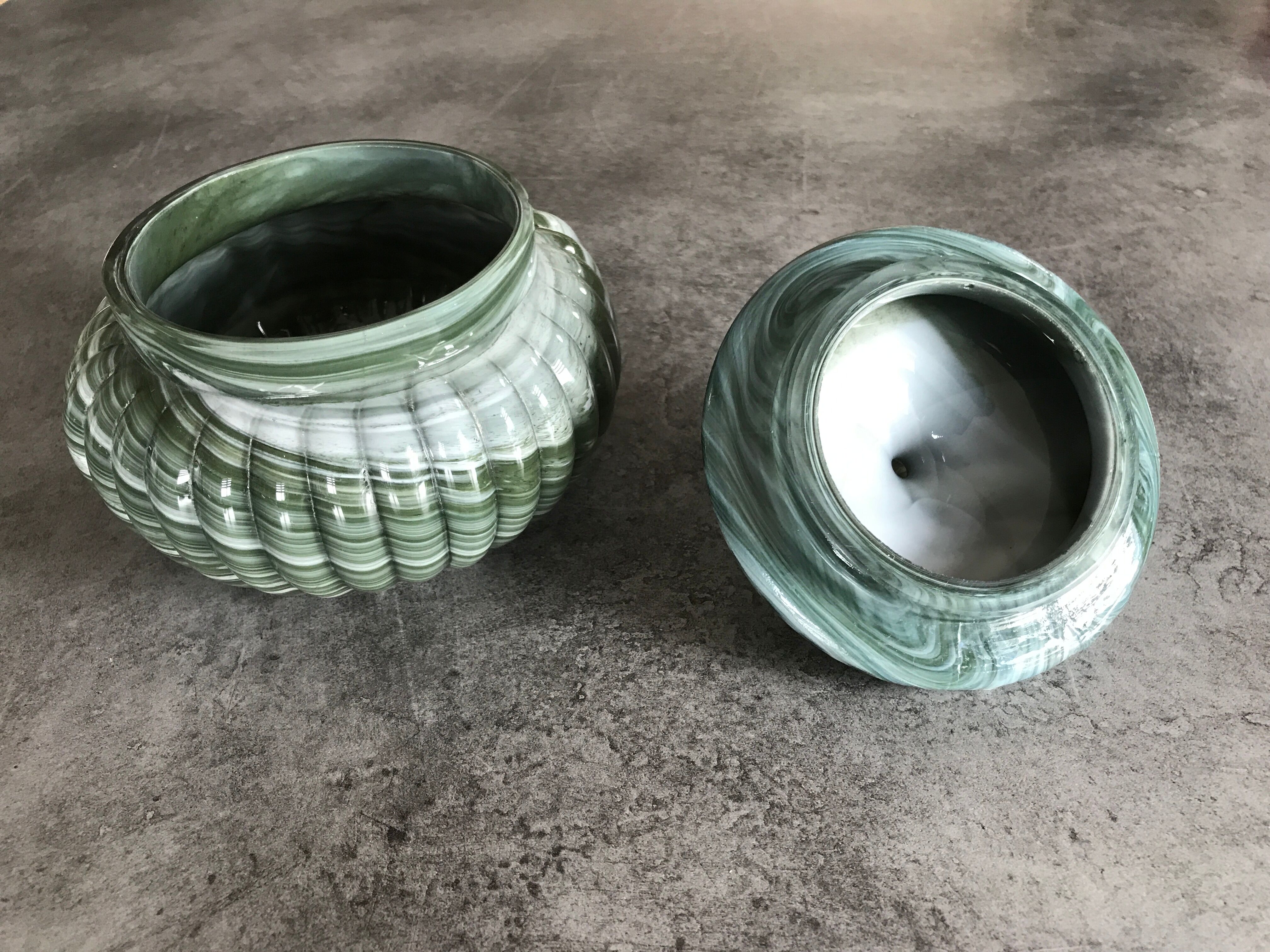 Old candy pot in glass molded effect green and white 12.5 cm