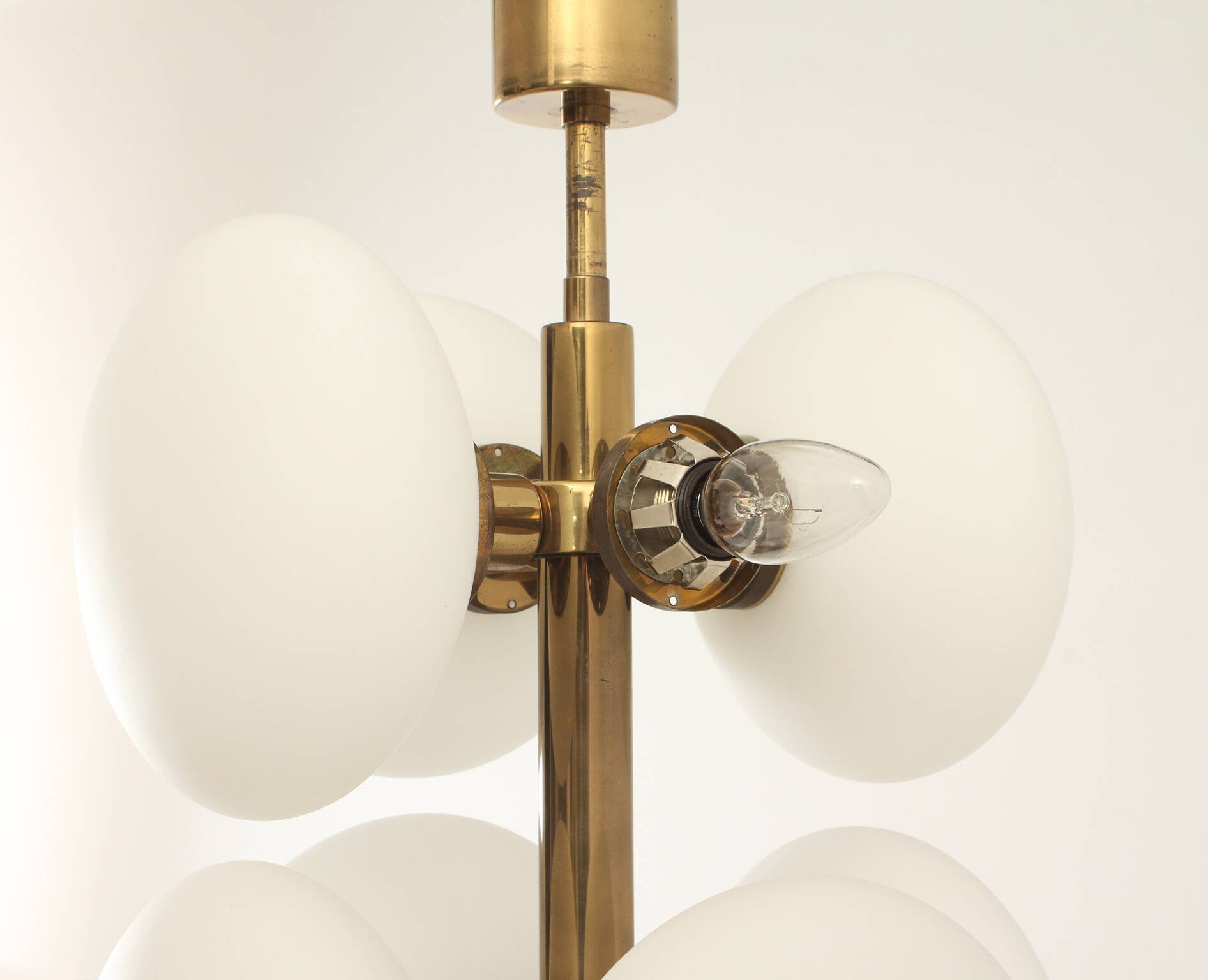 Brass and opaline Sputnik chandelier by Kaiser Leuchten, Germany, 1960s.