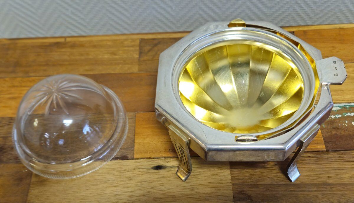 Art Deco caviar bowl in silver-plated metal and glass – 1930s