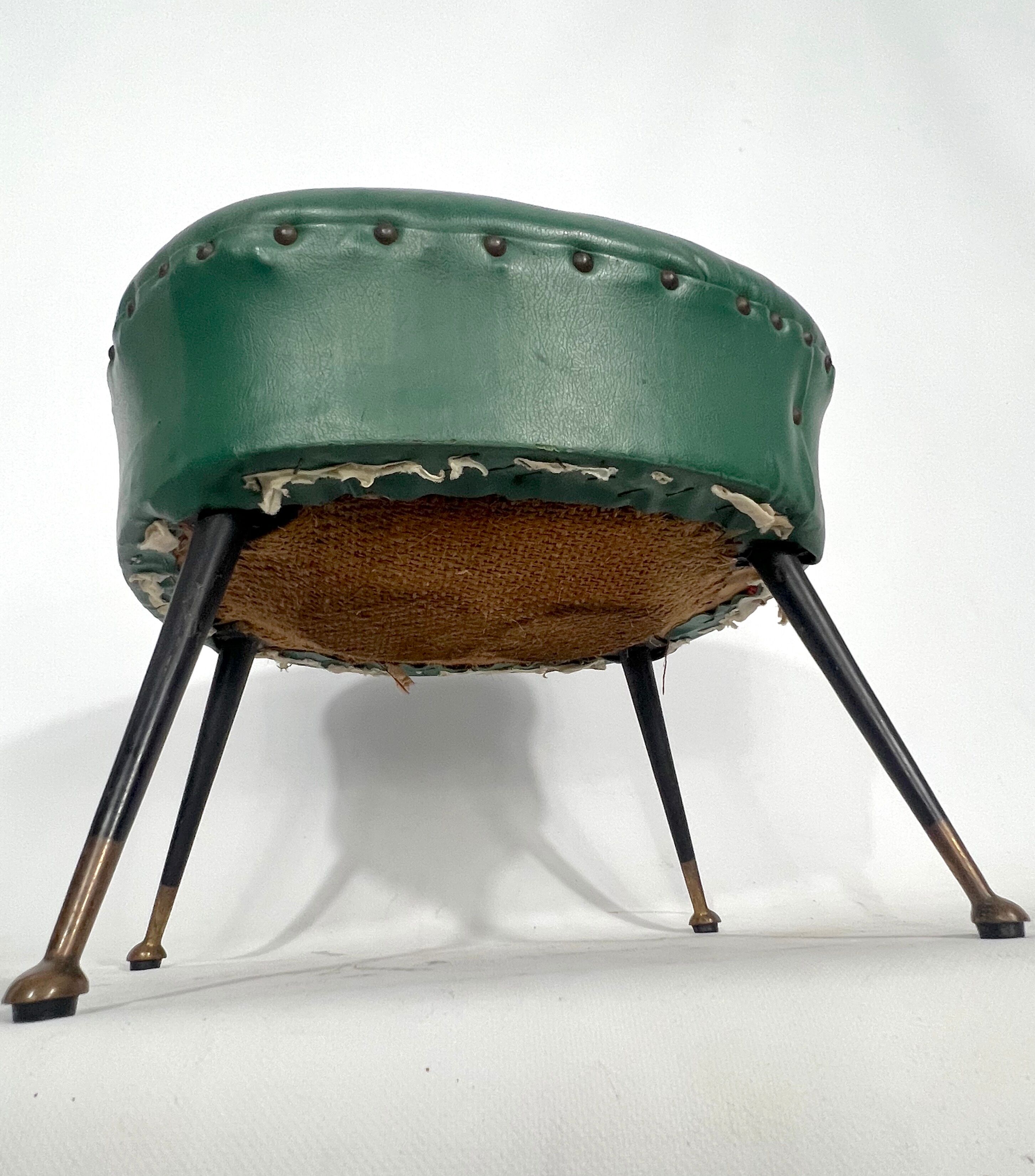 Vintage Italian green leatherette pouf with brass feet from 50s