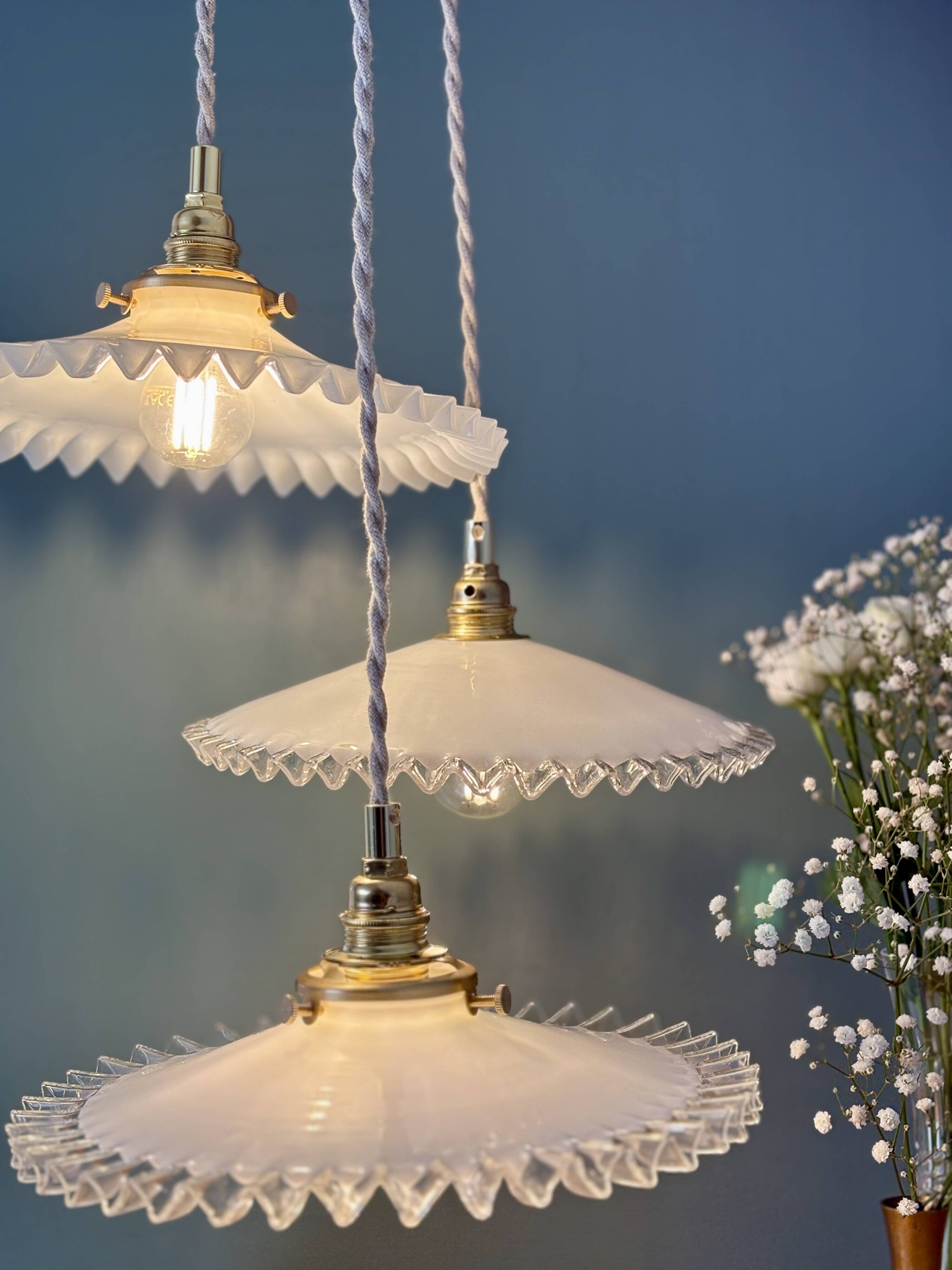 Vintage triple pendant lamp in white opaline