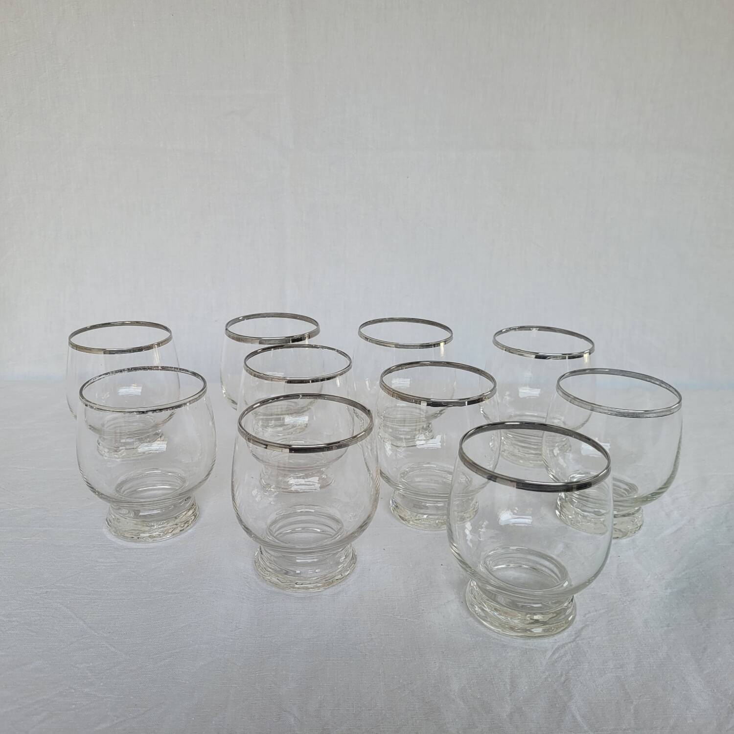 10 antique glasses with silver trim – French glassware, around 1950
