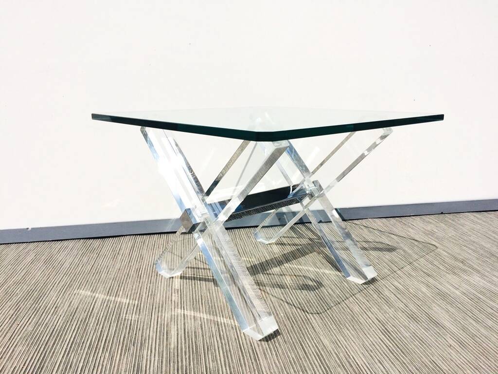 Square coffee table ' Trestles '. Plexi & glass. Vintage 80s