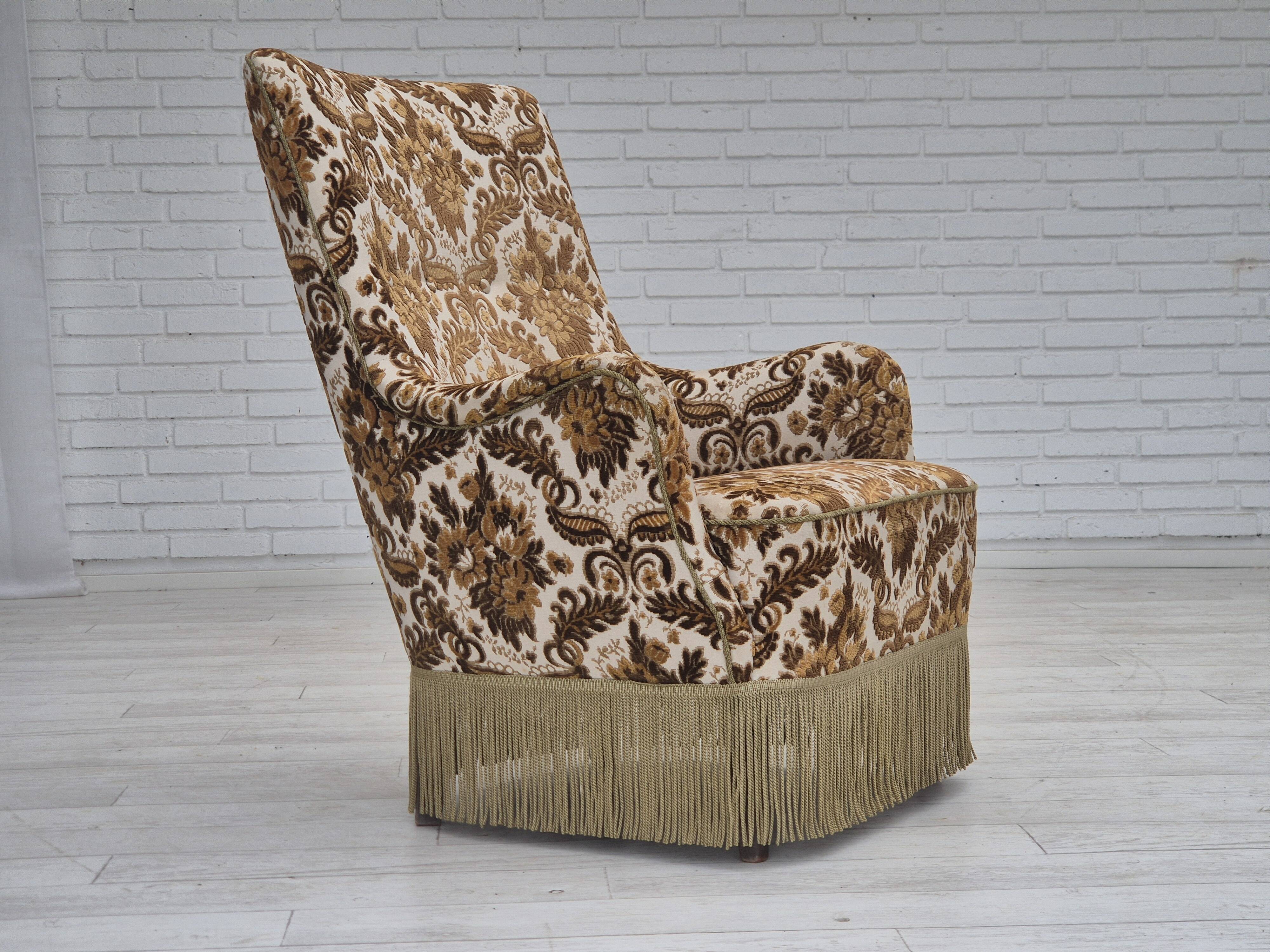 1960s, Danish highback armchair, furniture velour fabric, ash wood.