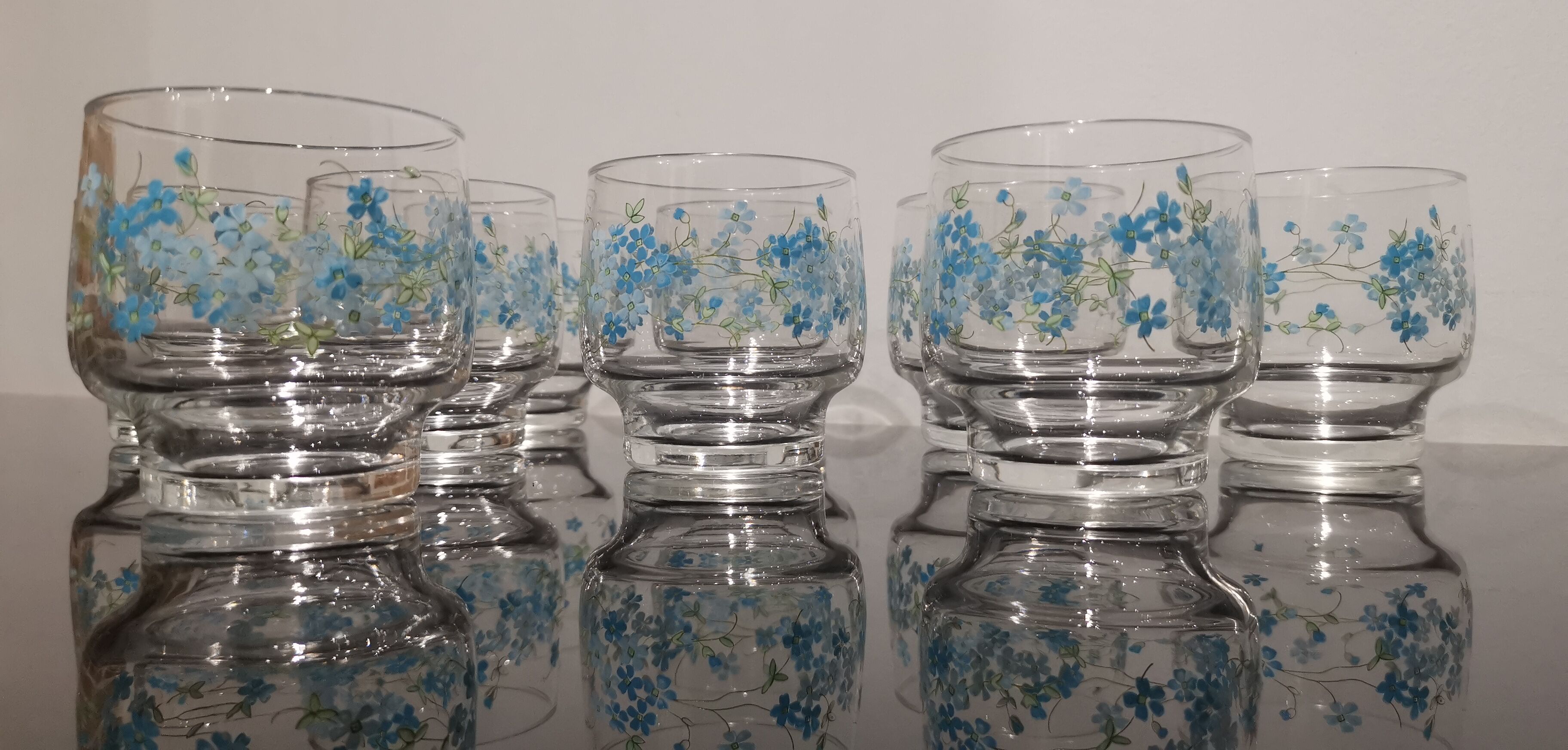 Set of 10 water glasses Veronica Luminarc Arcoroc decoration small blue flowers 80's
