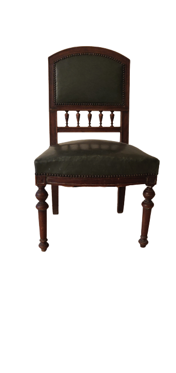 6 English style mahogany chairs covered with imitation green leather.