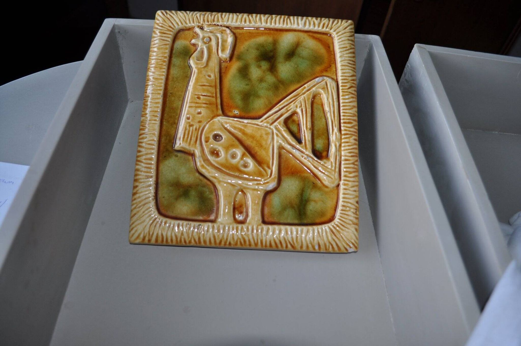 Vintage green ceramic stove tile, 1960s, Czech Republic, wall decoration.