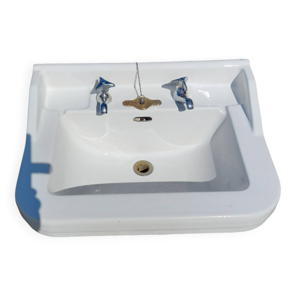 Lavabo avec colonne en porcelaine blanche décor artisanal fleurs vertes et jaune orangé