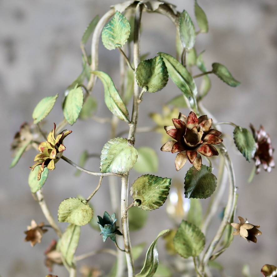Large flower and leaf chandelier, hand-painted sheet metal, Italy, 1940s