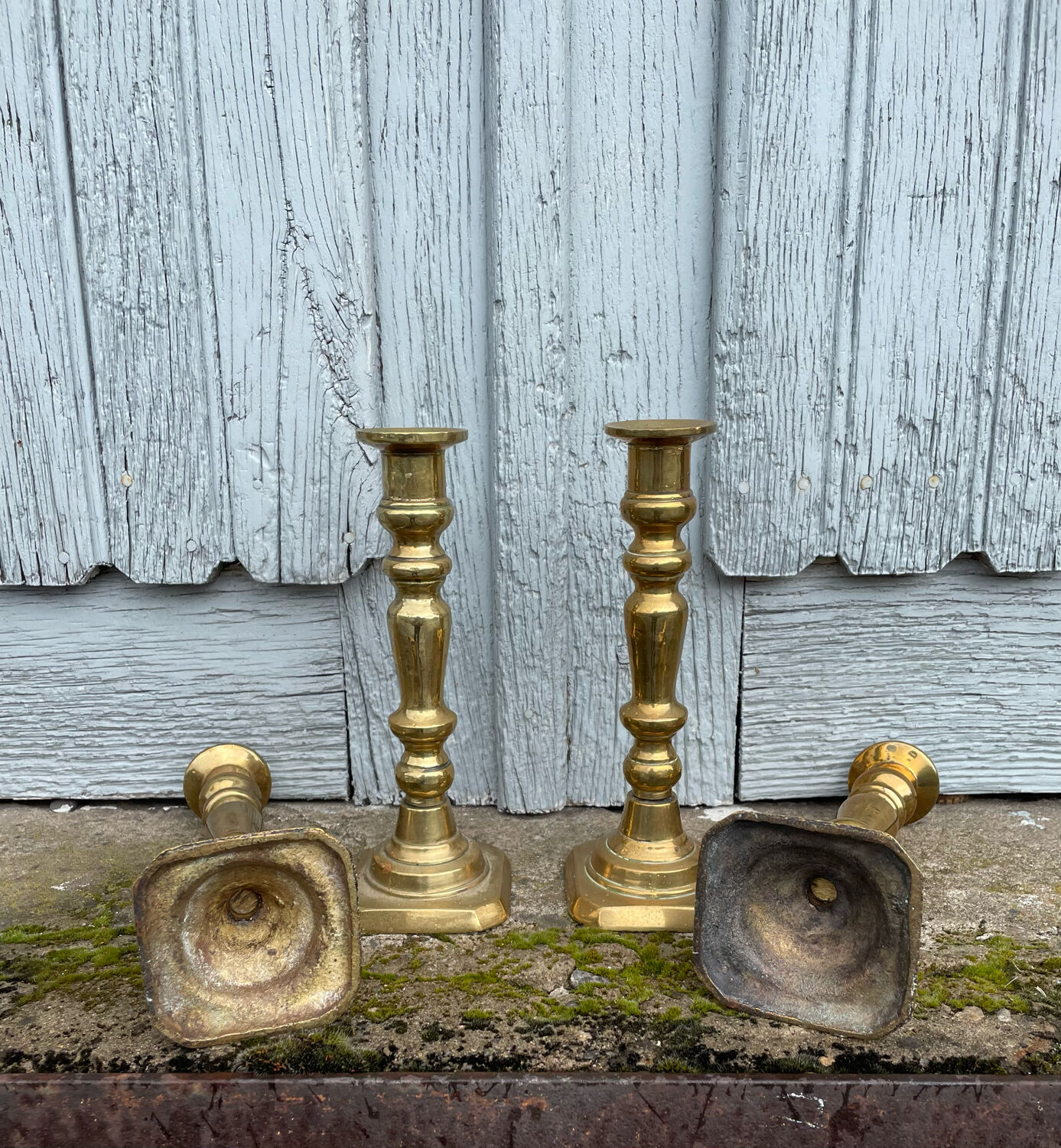 4 Victorian brass candlesticks