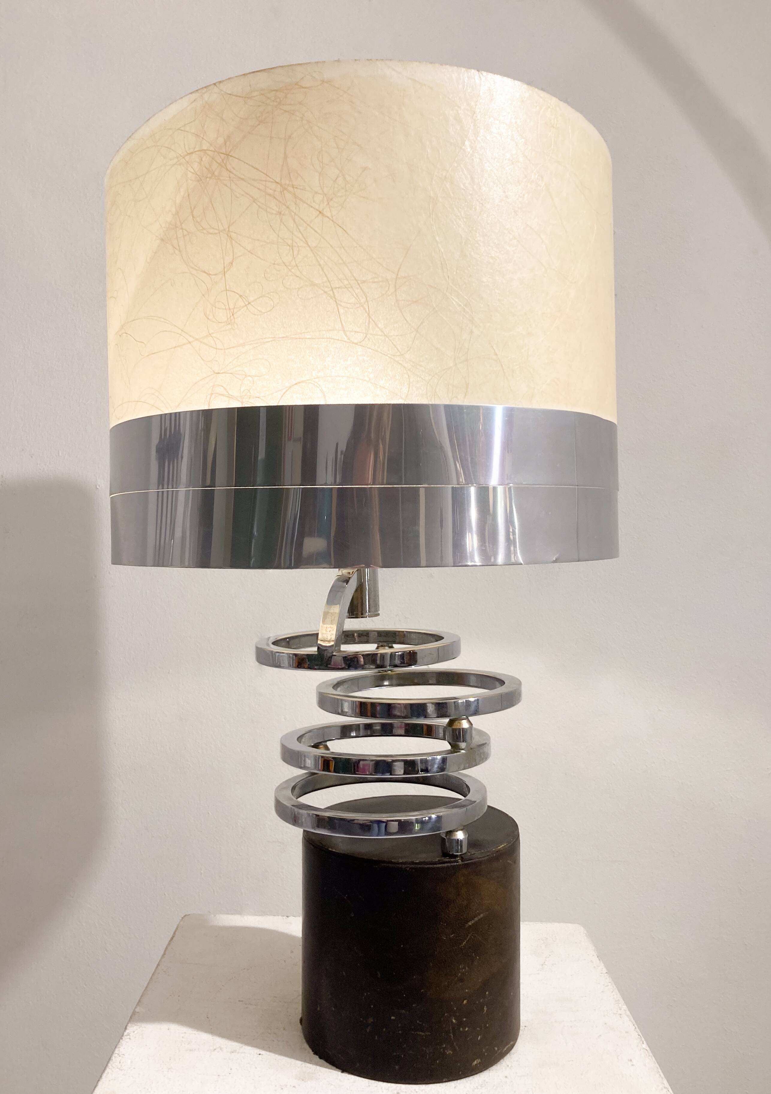 Table lamp in metal and leather, mid-20th century