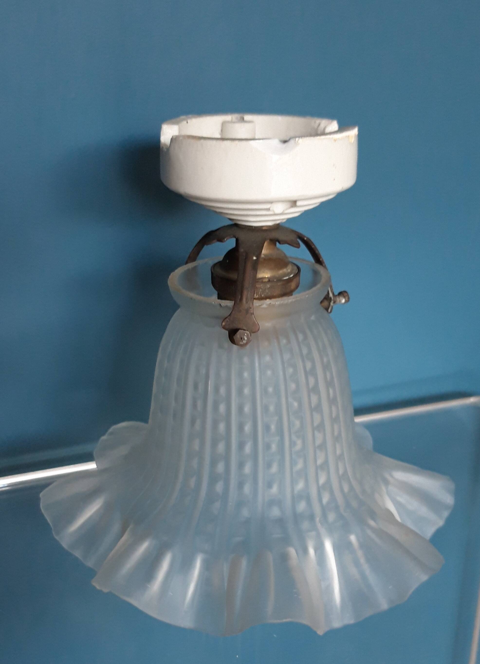 Pair of Art Nouveau 1900 frosted glass ceiling lights and their base