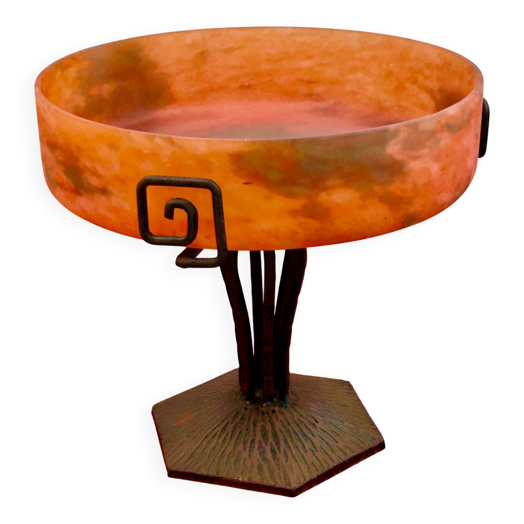 Art deco pâte de verre signed lorrain with wrought iron base, dlg by majorelle