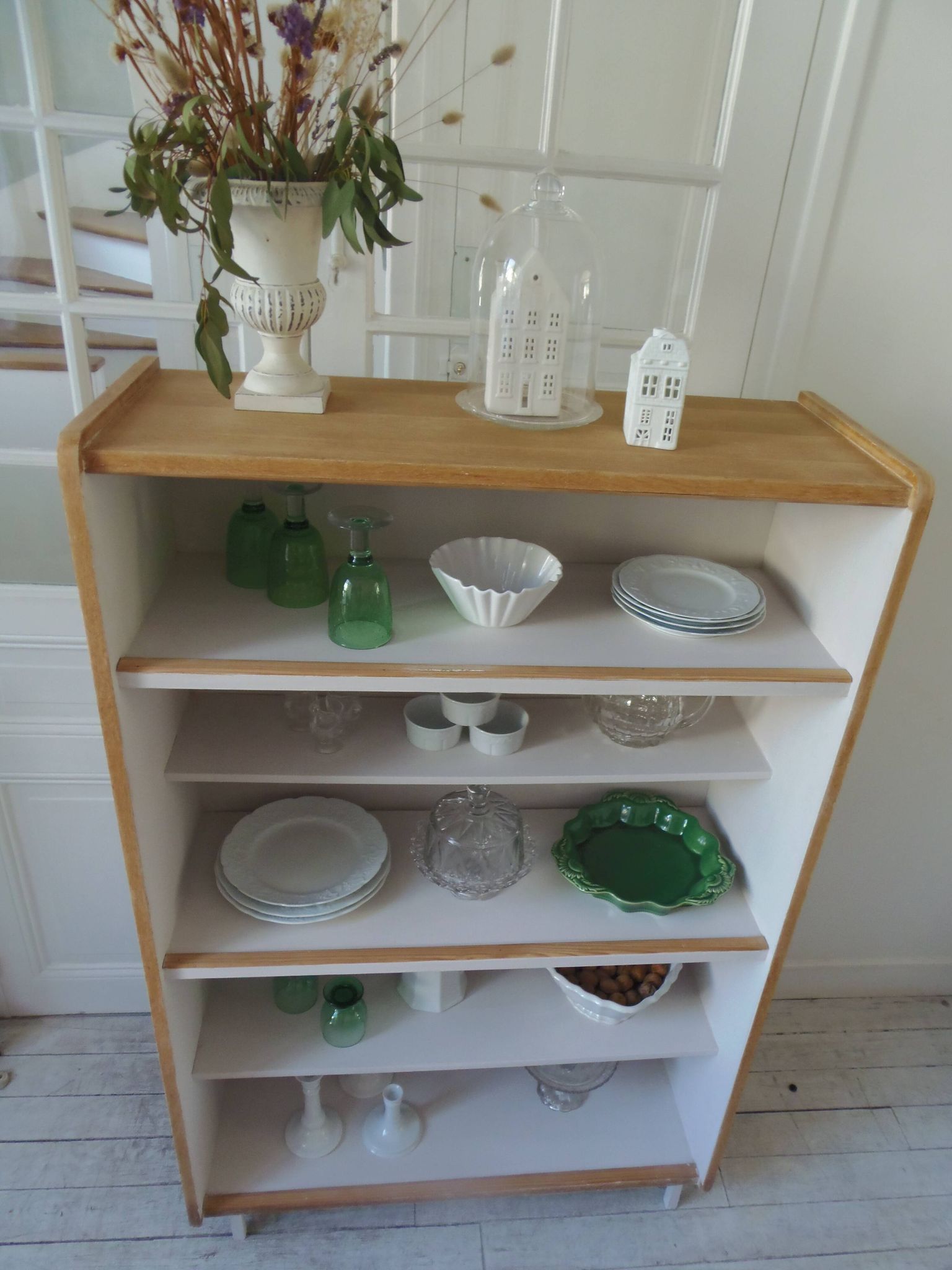 Vintage oak veneer bookcase, pearl gray interior, metal legs
