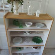 Vintage oak veneer bookcase, pearl gray interior, metal legs