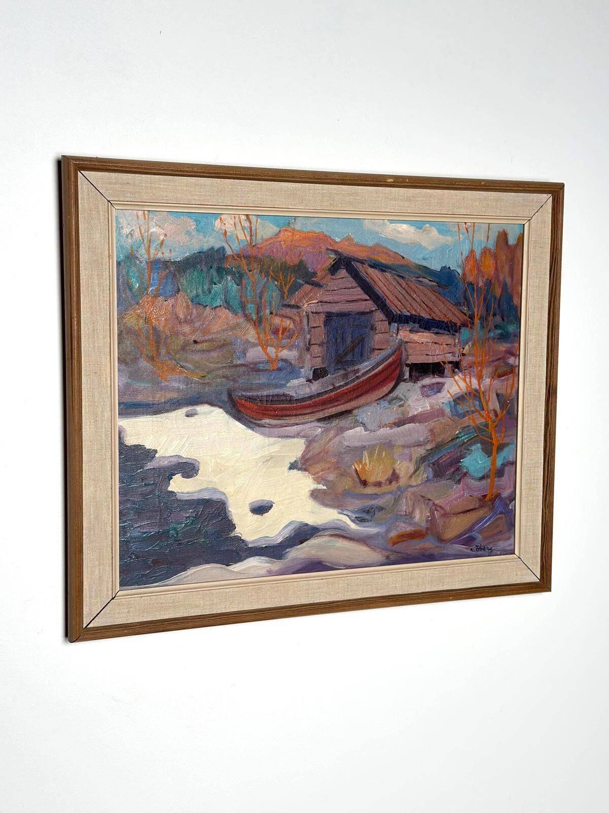 Original Mid Century Swedish Oil On Canvas – “Hut” By Nils Öberg – Vintage & Framed – 53 × 45 Cm