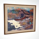 Original Mid Century Swedish Oil On Canvas – “Hut” By Nils Öberg – Vintage & Framed – 53 × 45 Cm