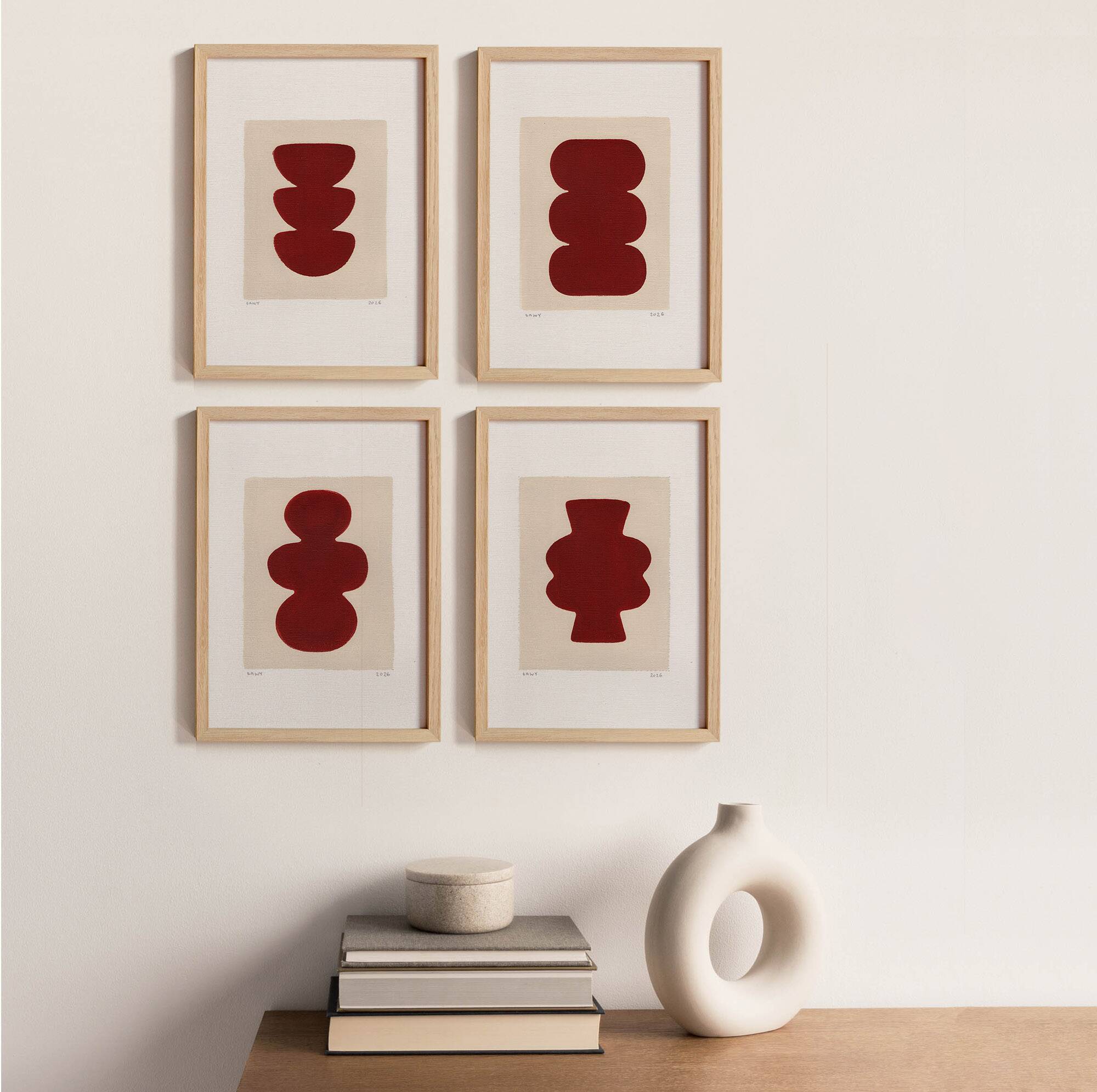 Collection de 4 peintures abstraites sur papier col.bordeaux signées Eawy