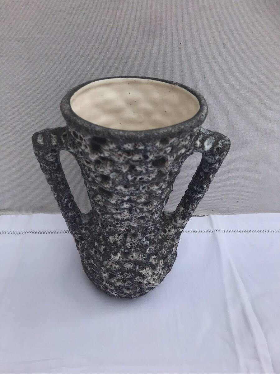 Vintage annette roux fat lava ceramic grey & white foams ancient vase