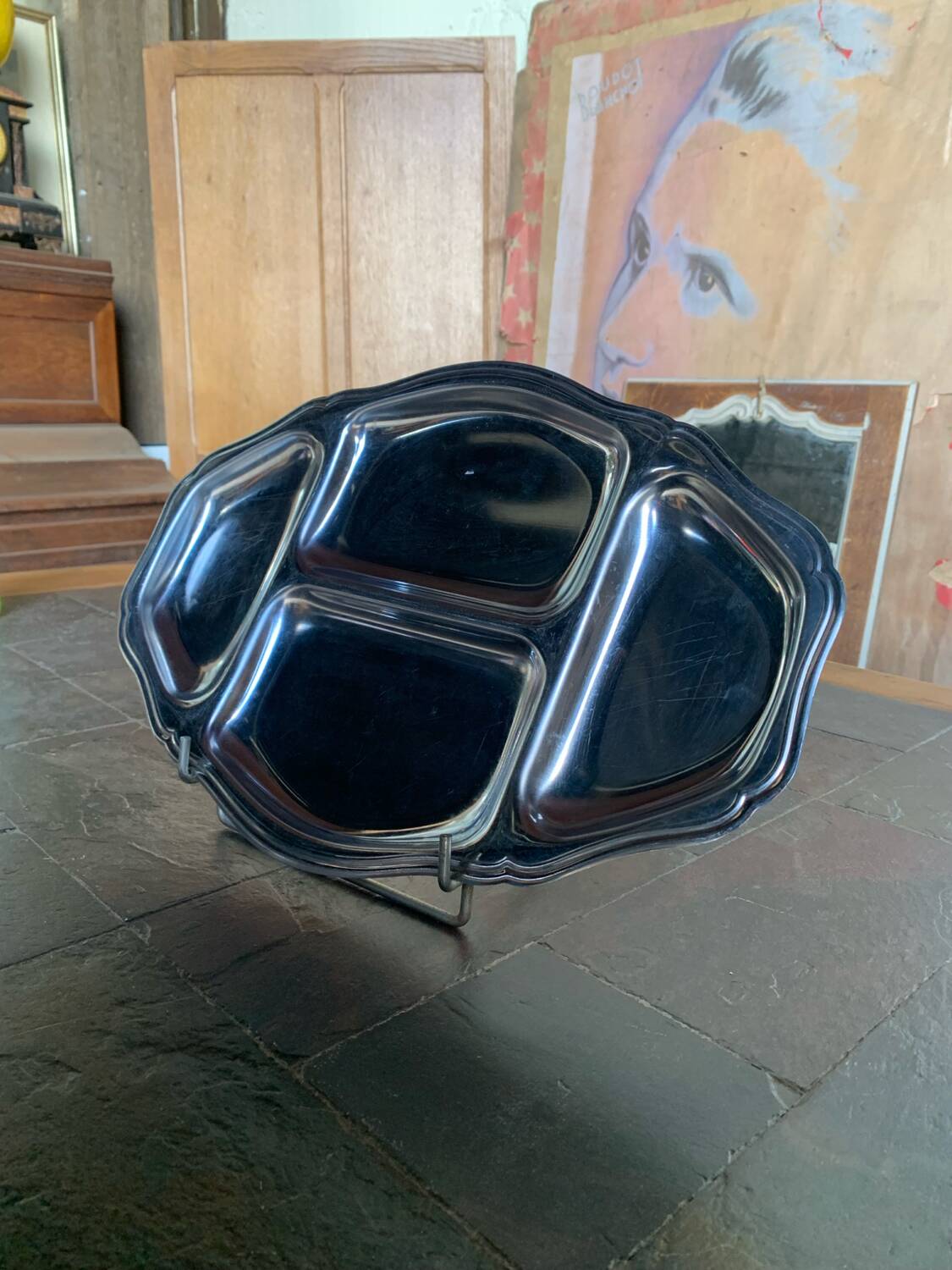 Vintage stainless steel large serving tray – meat & vegetable compartments