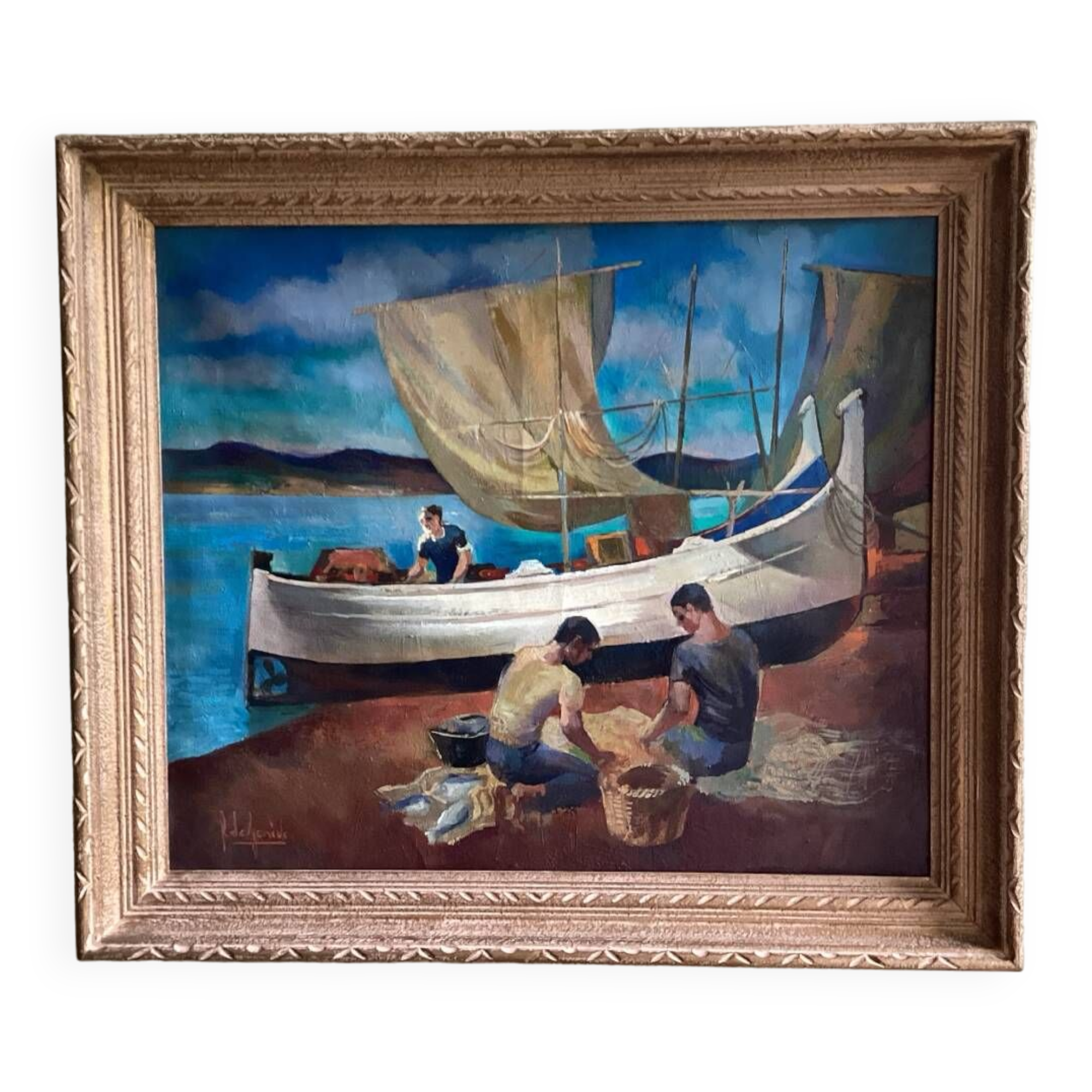 Surrealist oil on canvas Robert Degenève Belgian fishing boats