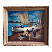 Huile sur toile surréaliste Robert Degenève Belge bateaux pêche