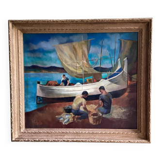 Surrealist oil on canvas Robert Degenève Belgian fishing boats